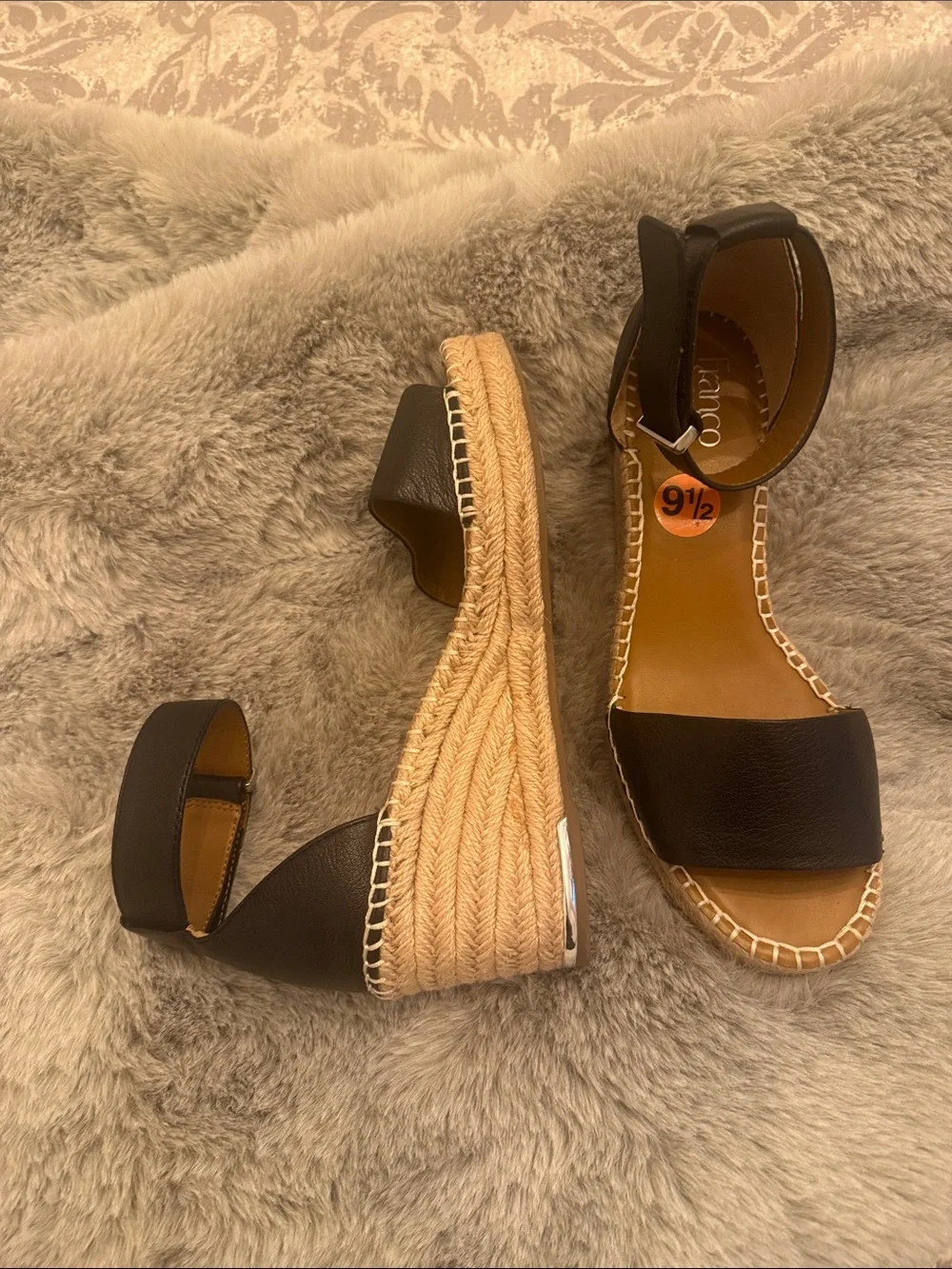 Franco Sarto Black Leather Espadrille Wedge Sandals with Ankle Strap